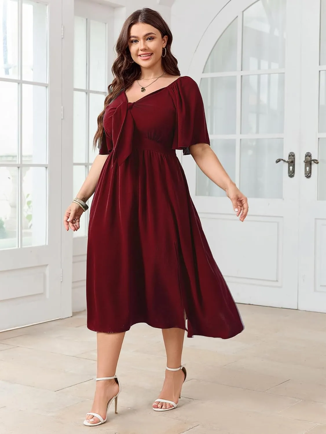 Plus Size Summer Dress Flowy Short Sleeve Deep V Neck Elegant Bow Tie Midi Dresses