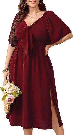 Plus Size Summer Dress Flowy Short Sleeve Deep V Neck Elegant Bow Tie Midi Dresses