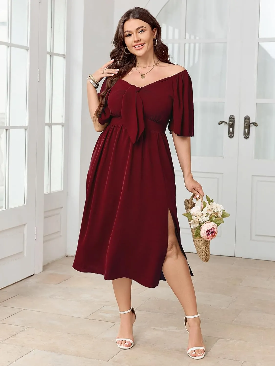 Plus Size Summer Dress Flowy Short Sleeve Deep V Neck Elegant Bow Tie Midi Dresses