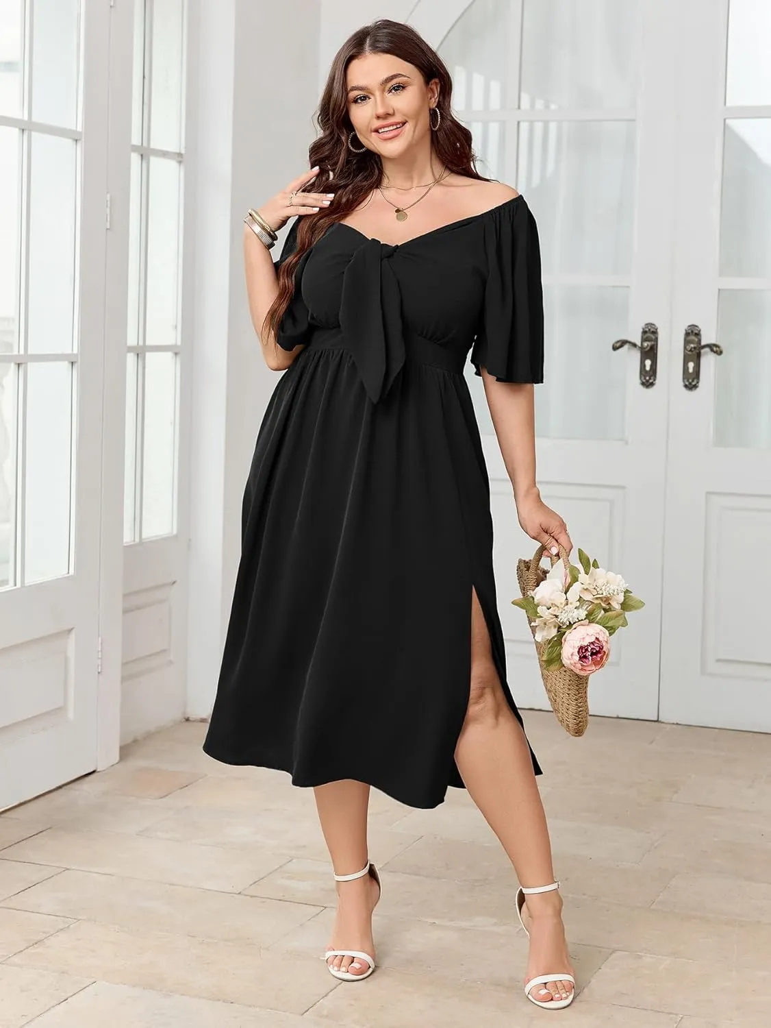 Plus Size Summer Dress Flowy Short Sleeve Deep V Neck Elegant Bow Tie Midi Dresses