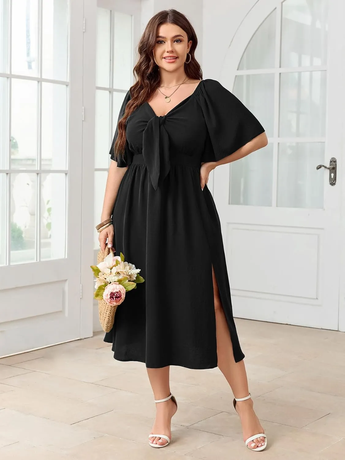 Plus Size Summer Dress Flowy Short Sleeve Deep V Neck Elegant Bow Tie Midi Dresses