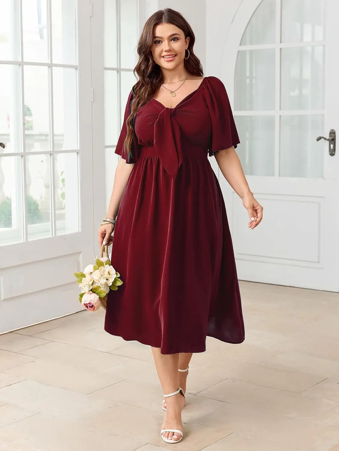 Plus Size Summer Dress Flowy Short Sleeve Deep V Neck Elegant Bow Tie Midi Dresses