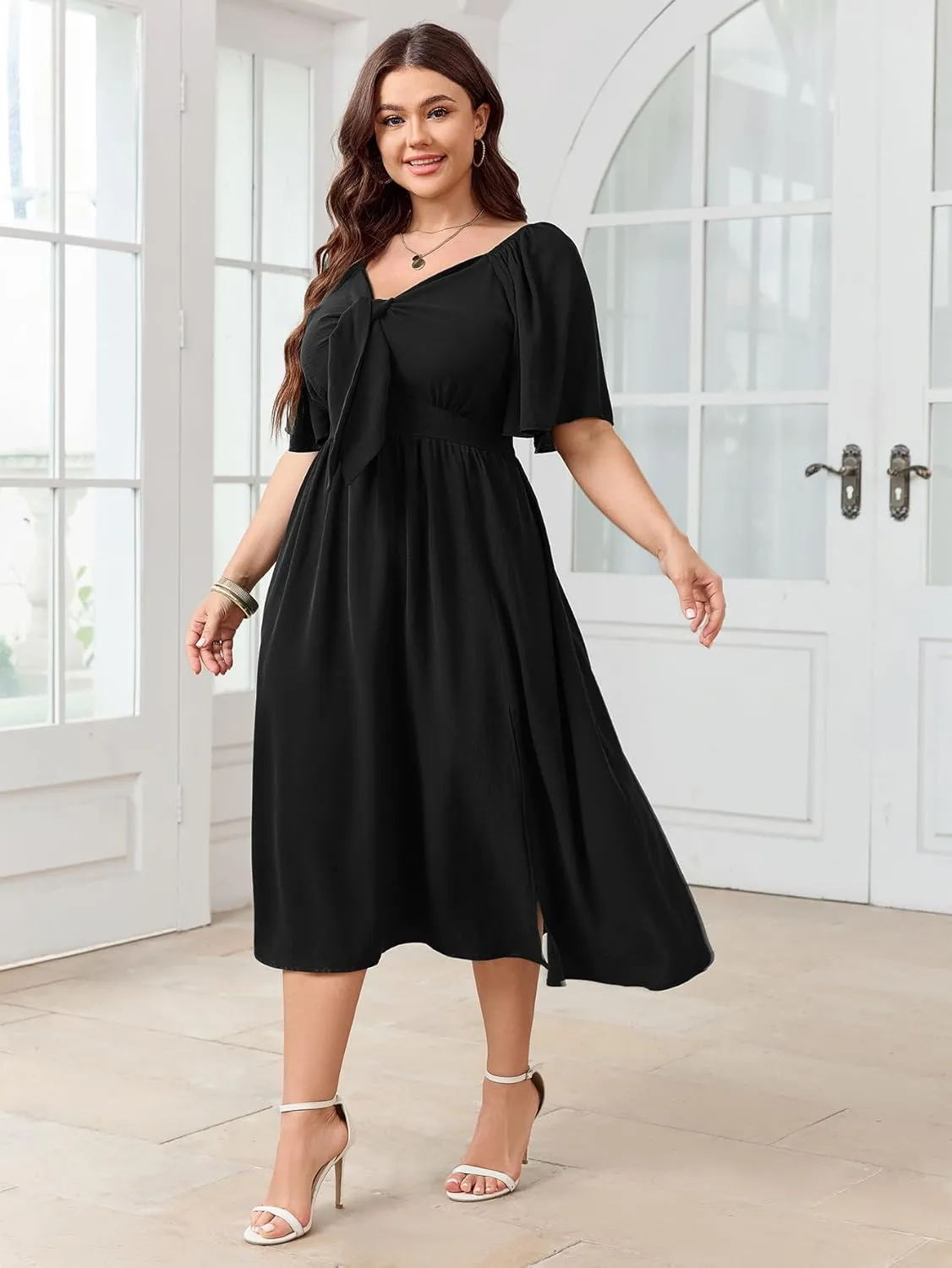 Plus Size Summer Dress Flowy Short Sleeve Deep V Neck Elegant Bow Tie Midi Dresses
