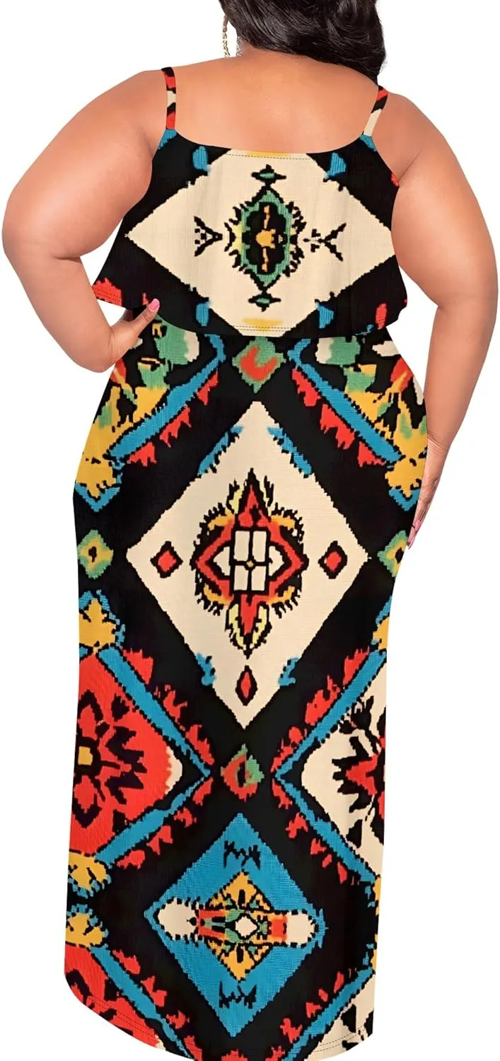 Plus Size Summer Maxi Dress for Curvy Women Spaghetti Strap Casual Floral Print Sundress Loose Sleeveless Flowy Tiered Dress