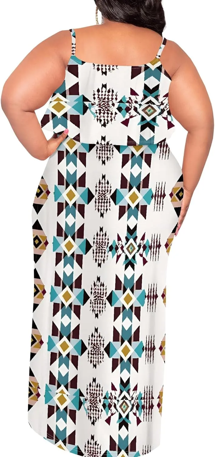 Plus Size Summer Maxi Dress for Curvy Women Spaghetti Strap Casual Floral Print Sundress Loose Sleeveless Flowy Tiered Dress