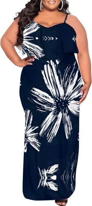Plus Size Summer Maxi Dress for Curvy Women Spaghetti Strap Casual Floral Print Sundress Loose Sleeveless Flowy Tiered Dress
