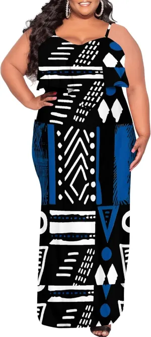 Plus Size Summer Maxi Dress for Curvy Women Spaghetti Strap Casual Floral Print Sundress Loose Sleeveless Flowy Tiered Dress