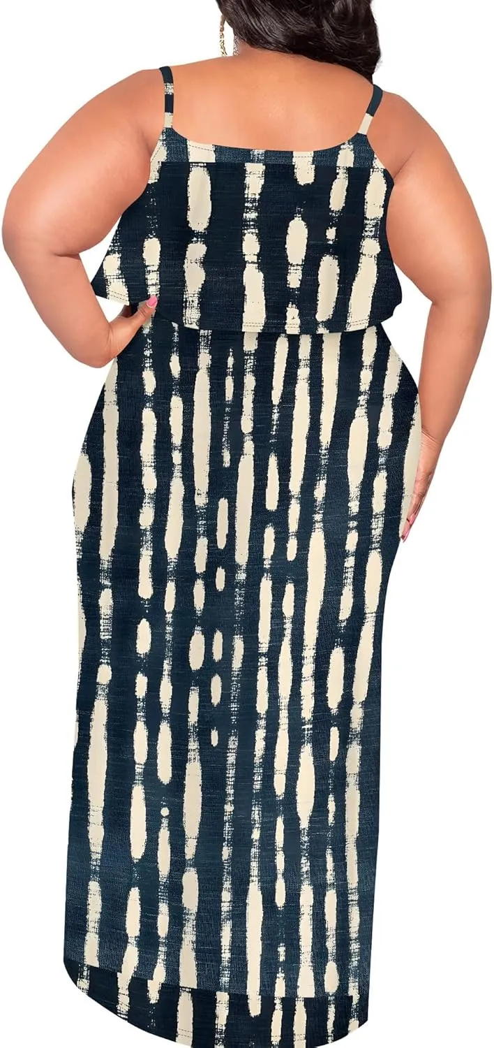 Plus Size Summer Maxi Dress for Curvy Women Spaghetti Strap Casual Floral Print Sundress Loose Sleeveless Flowy Tiered Dress