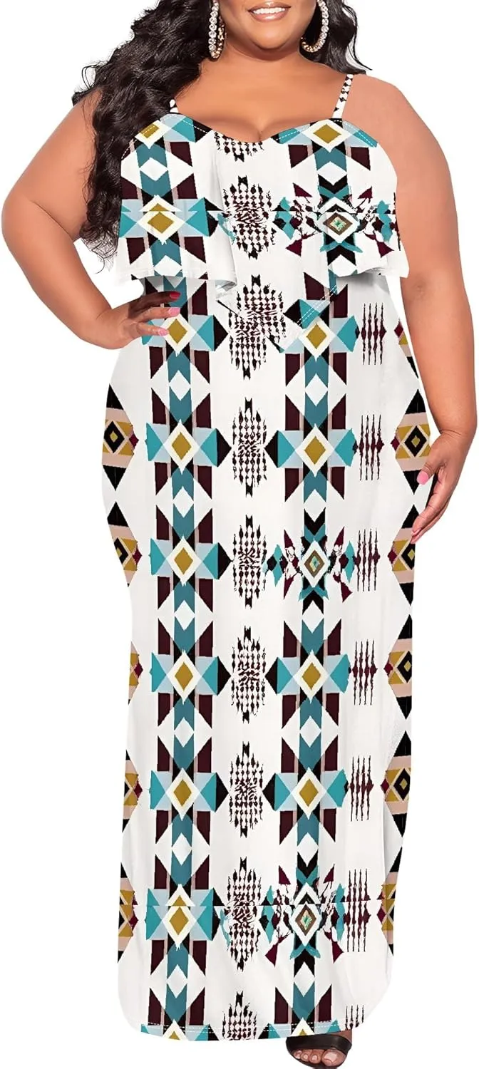 Plus Size Summer Maxi Dress for Curvy Women Spaghetti Strap Casual Floral Print Sundress Loose Sleeveless Flowy Tiered Dress