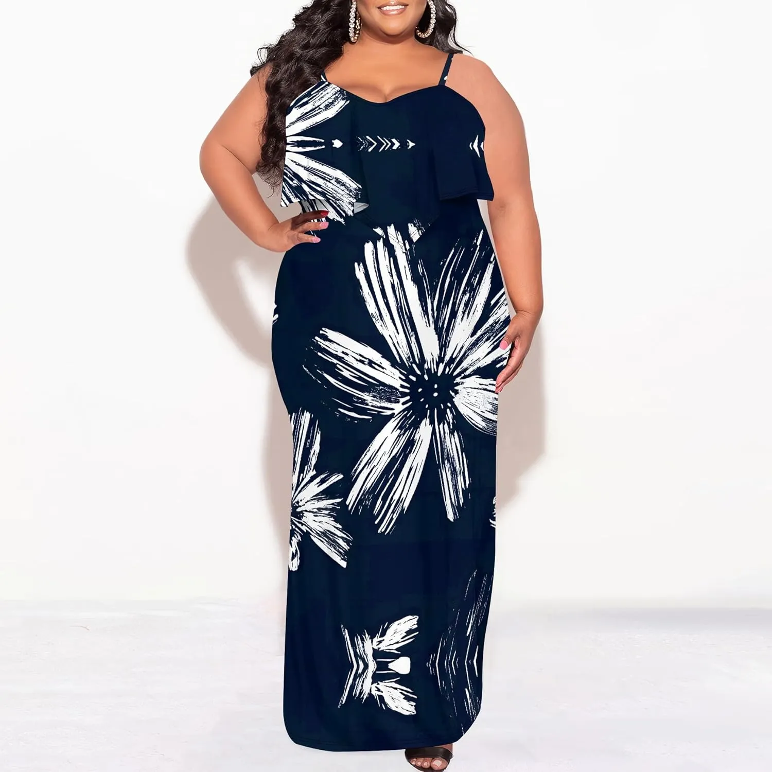 Plus Size Summer Maxi Dress for Curvy Women Spaghetti Strap Casual Floral Print Sundress Loose Sleeveless Flowy Tiered Dress