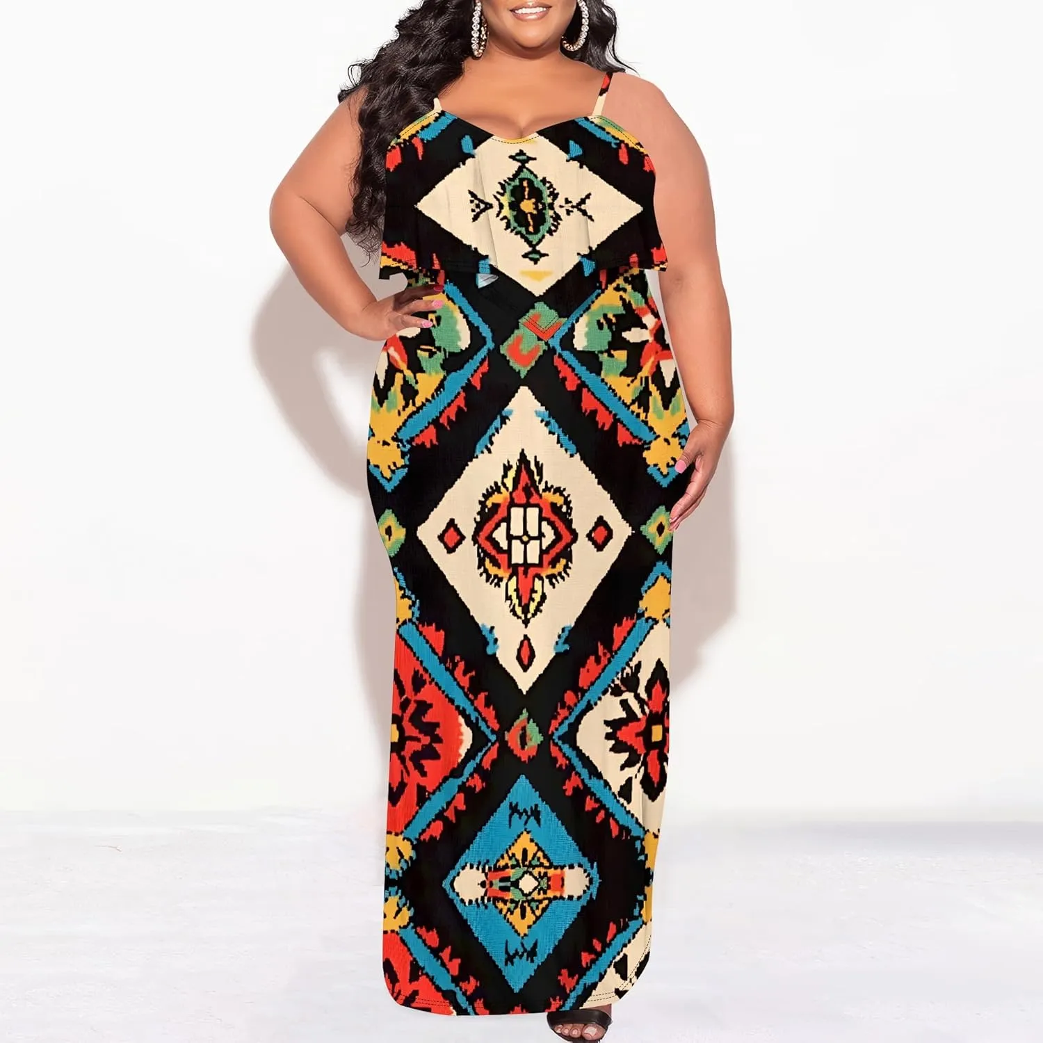 Plus Size Summer Maxi Dress for Curvy Women Spaghetti Strap Casual Floral Print Sundress Loose Sleeveless Flowy Tiered Dress
