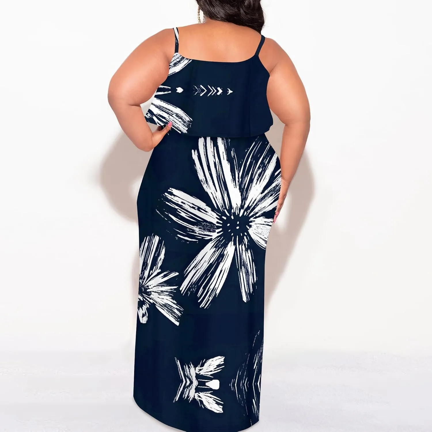 Plus Size Summer Maxi Dress for Curvy Women Spaghetti Strap Casual Floral Print Sundress Loose Sleeveless Flowy Tiered Dress