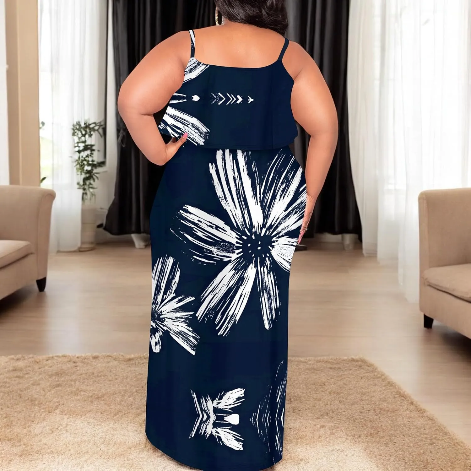 Plus Size Summer Maxi Dress for Curvy Women Spaghetti Strap Casual Floral Print Sundress Loose Sleeveless Flowy Tiered Dress
