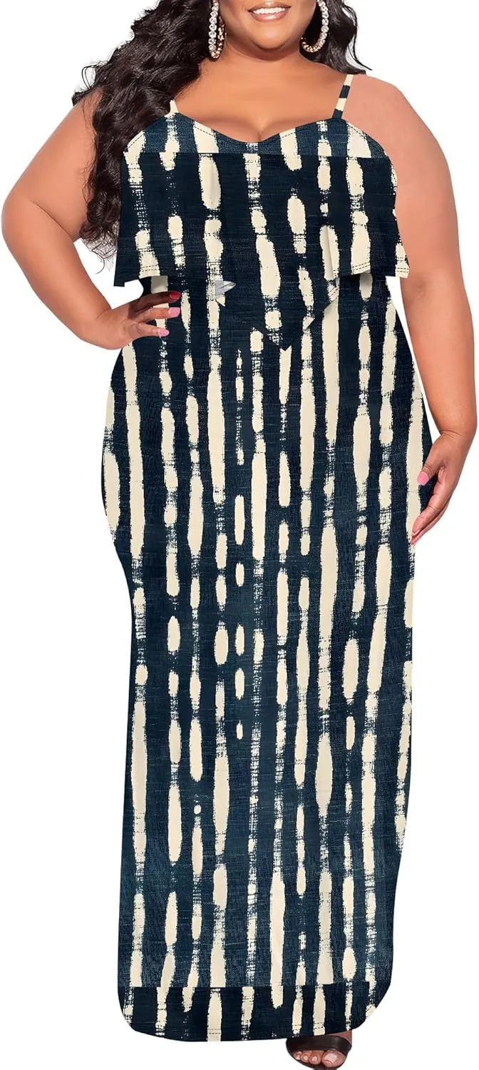 Plus Size Summer Maxi Dress for Curvy Women Spaghetti Strap Casual Floral Print Sundress Loose Sleeveless Flowy Tiered Dress