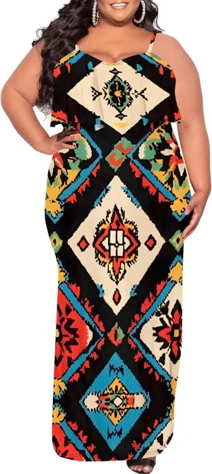 Plus Size Summer Maxi Dress for Curvy Women Spaghetti Strap Casual Floral Print Sundress Loose Sleeveless Flowy Tiered Dress