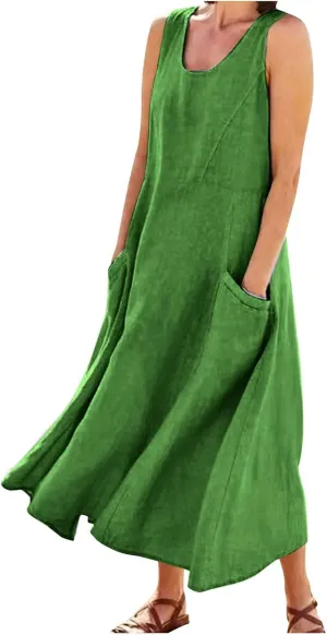 Plus Size Sun Dresses for Women Casual Summer Sleeveless Maxi Linen Dress Loose Fit U Neck Tank Dress Vacation