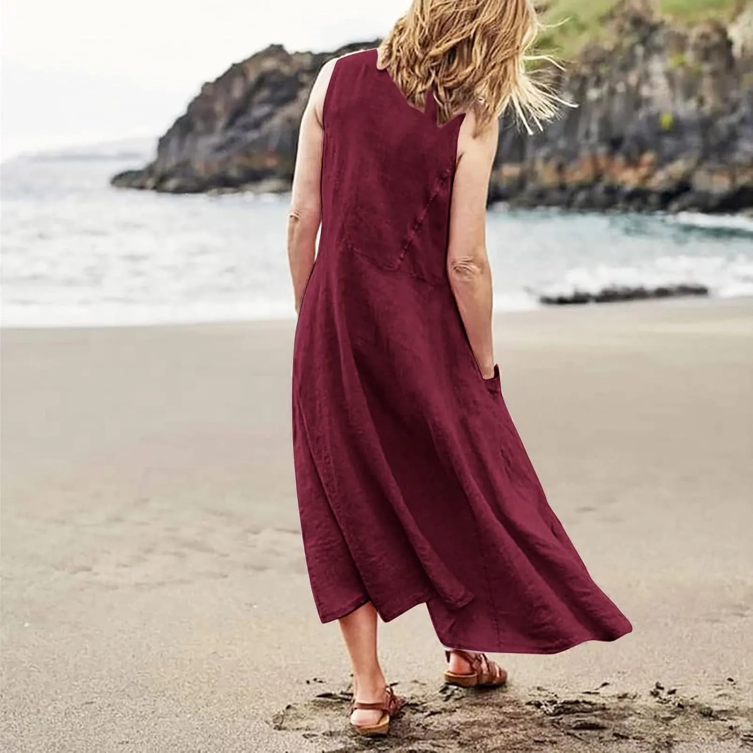 Plus Size Sun Dresses for Women Casual Summer Sleeveless Maxi Linen Dress Loose Fit U Neck Tank Dress Vacation