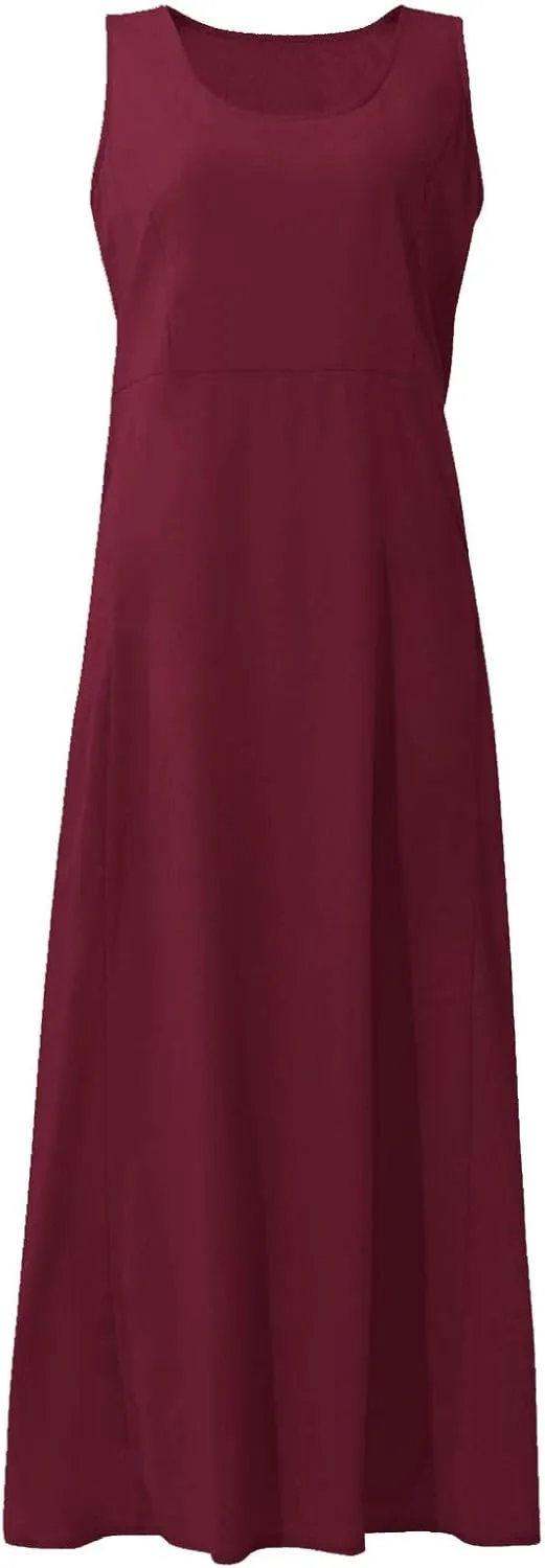 Plus Size Sun Dresses for Women Casual Summer Sleeveless Maxi Linen Dress Loose Fit U Neck Tank Dress Vacation