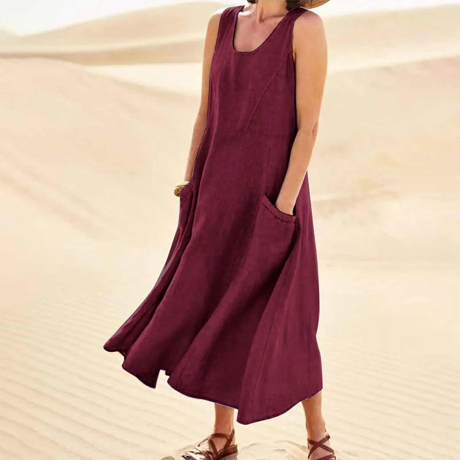 Plus Size Sun Dresses for Women Casual Summer Sleeveless Maxi Linen Dress Loose Fit U Neck Tank Dress Vacation
