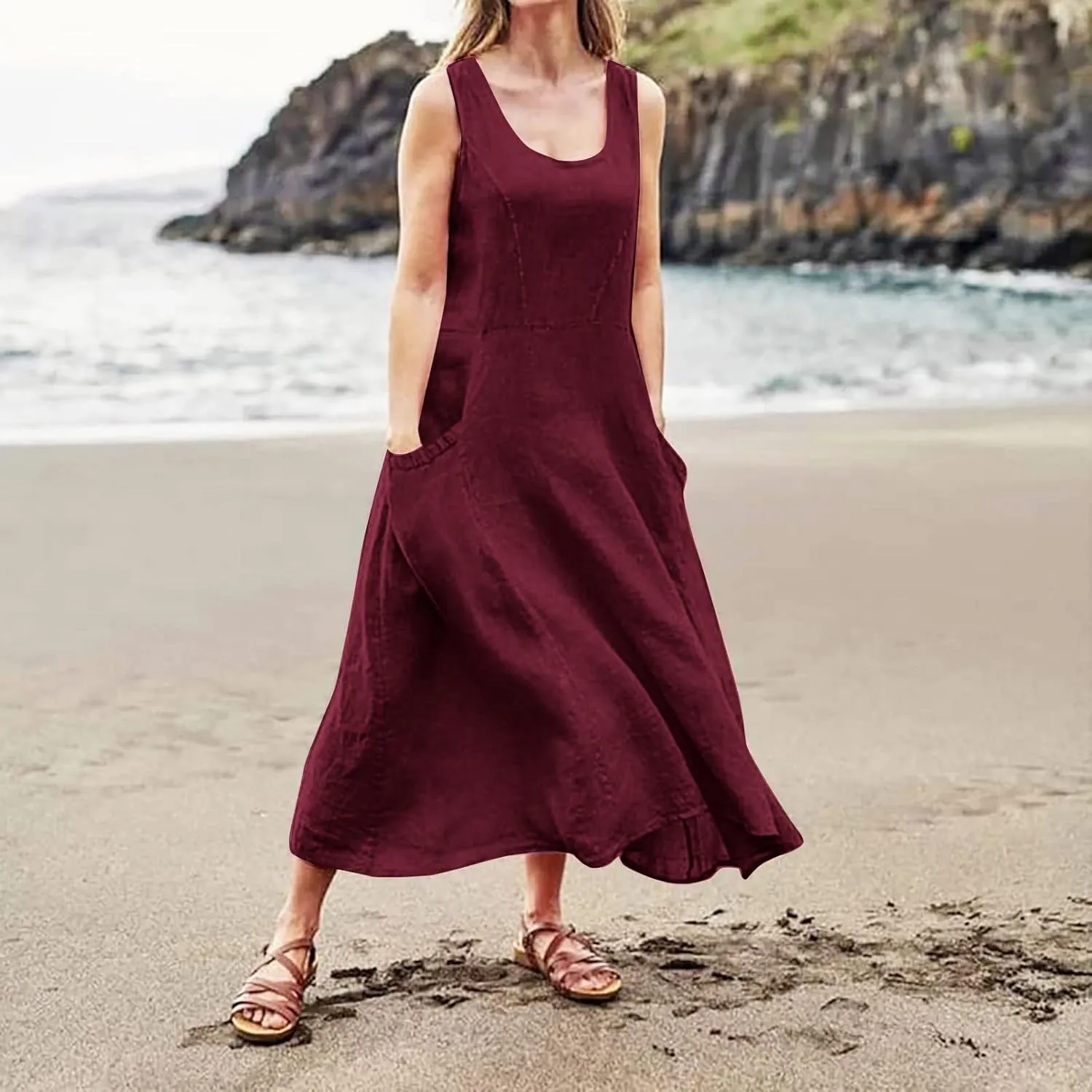 Plus Size Sun Dresses for Women Casual Summer Sleeveless Maxi Linen Dress Loose Fit U Neck Tank Dress Vacation