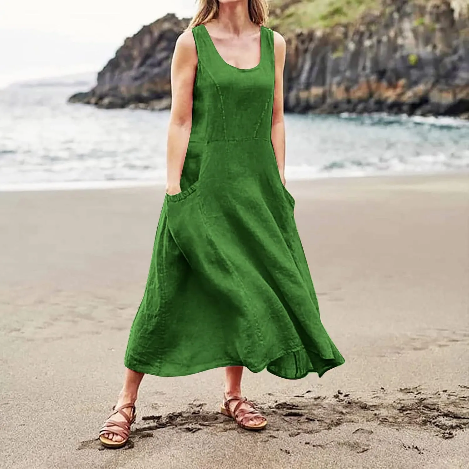 Plus Size Sun Dresses for Women Casual Summer Sleeveless Maxi Linen Dress Loose Fit U Neck Tank Dress Vacation