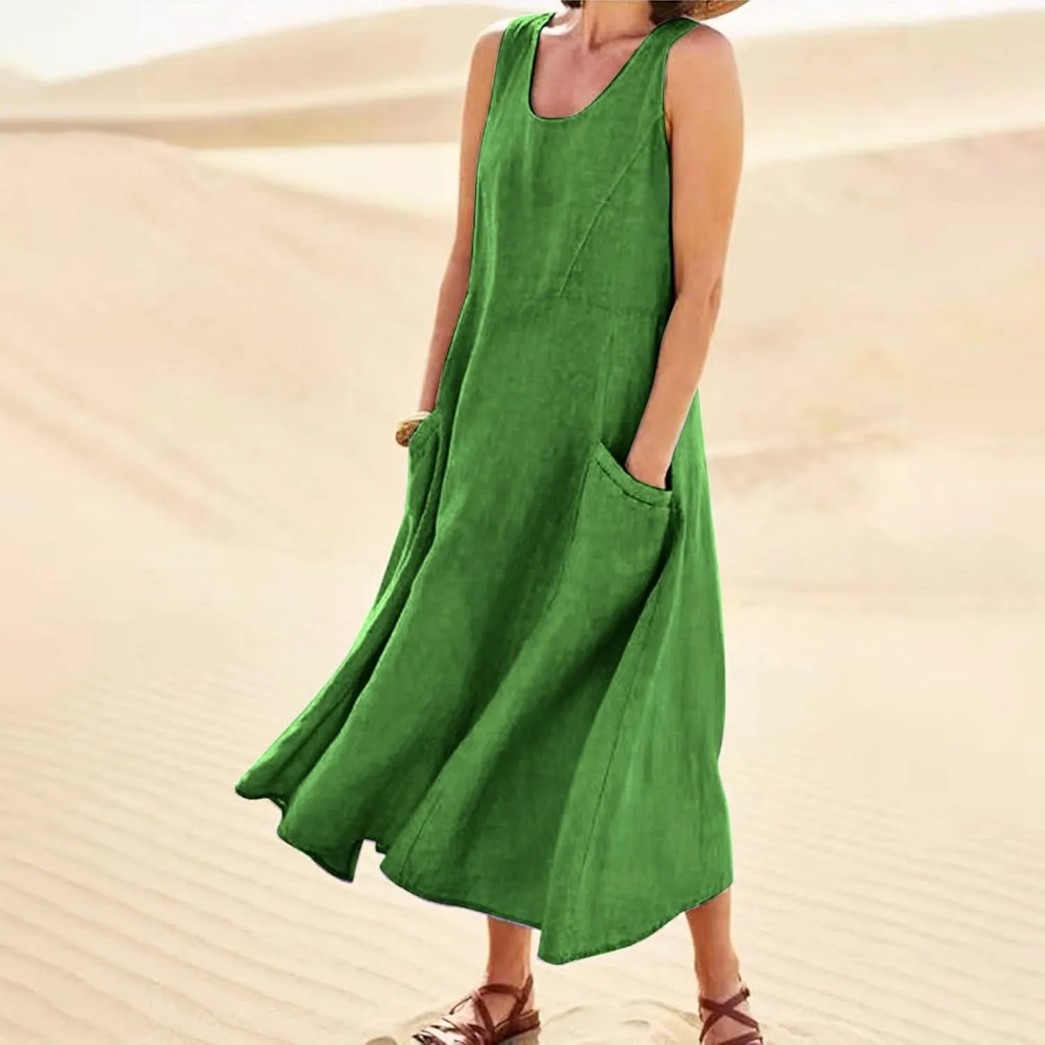 Plus Size Sun Dresses for Women Casual Summer Sleeveless Maxi Linen Dress Loose Fit U Neck Tank Dress Vacation
