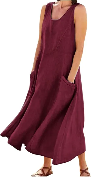 Plus Size Sun Dresses for Women Casual Summer Sleeveless Maxi Linen Dress Loose Fit U Neck Tank Dress Vacation