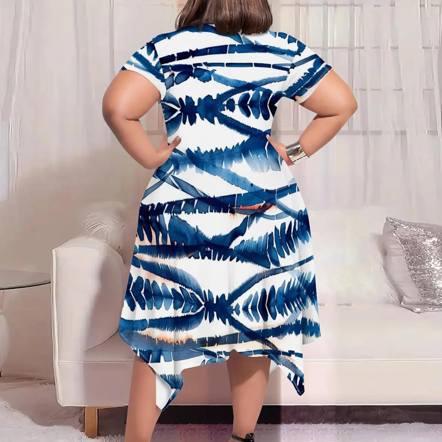 Plus Size Womens Summer Boho Tie Dye Pockets Midi Dresses Round Neck Short Sleeve Knee Length Party Club Flowy Maxi Sundress