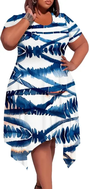 Plus Size Womens Summer Boho Tie Dye Pockets Midi Dresses Round Neck Short Sleeve Knee Length Party Club Flowy Maxi Sundress