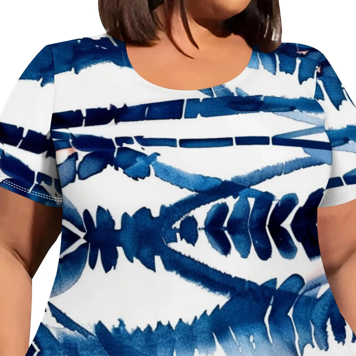 Plus Size Womens Summer Boho Tie Dye Pockets Midi Dresses Round Neck Short Sleeve Knee Length Party Club Flowy Maxi Sundress