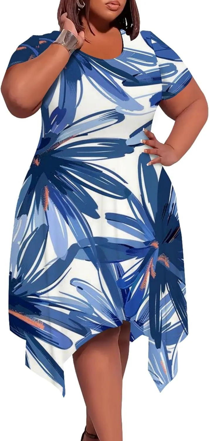 Plus Size Womens Summer Boho Tie Dye Pockets Midi Dresses Round Neck Short Sleeve Knee Length Party Club Flowy Maxi Sundress