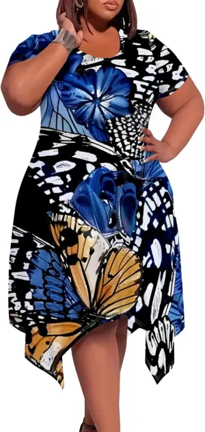 Plus Size Womens Summer Boho Tie Dye Pockets Midi Dresses Round Neck Short Sleeve Knee Length Party Club Flowy Maxi Sundress