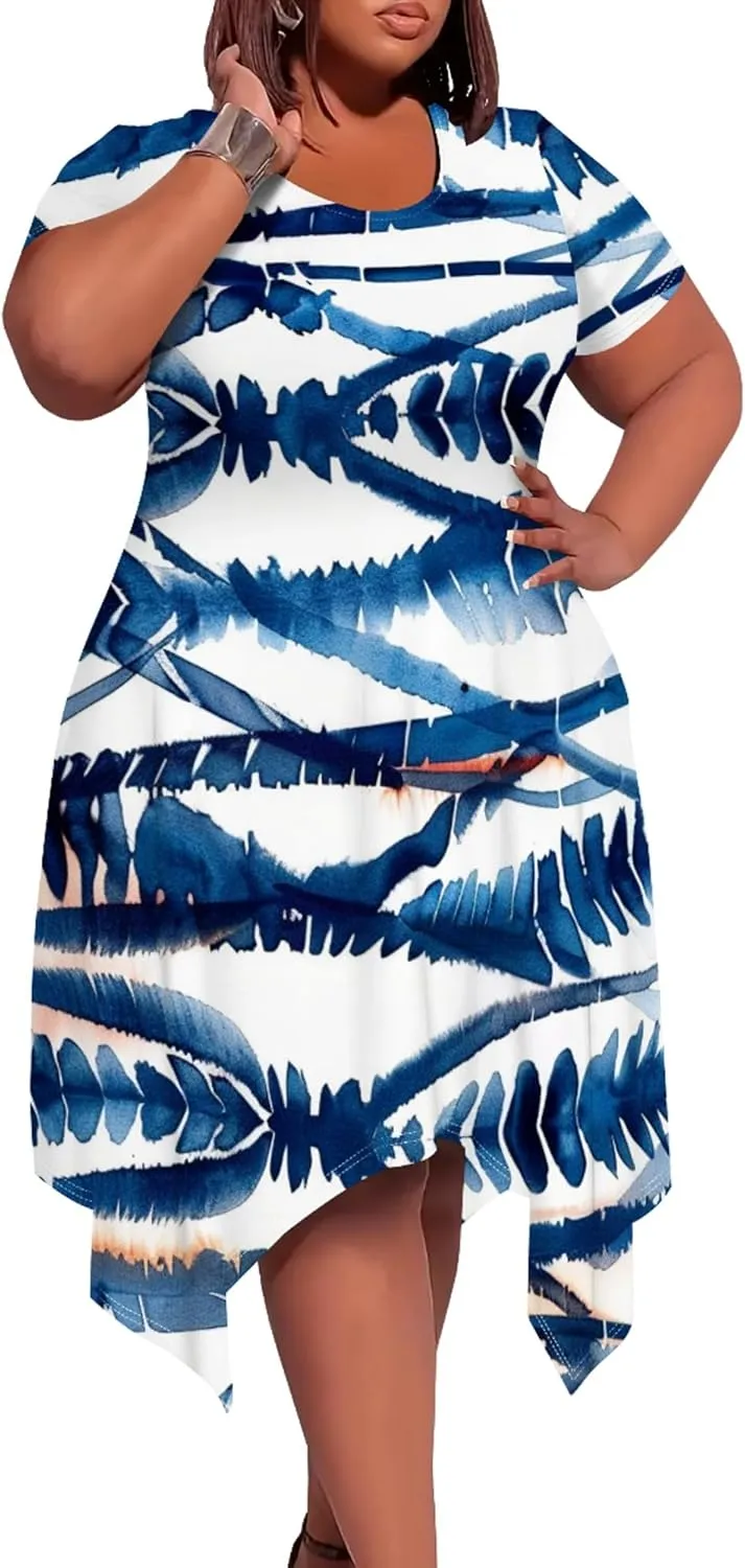 Plus Size Womens Summer Boho Tie Dye Pockets Midi Dresses Round Neck Short Sleeve Knee Length Party Club Flowy Maxi Sundress
