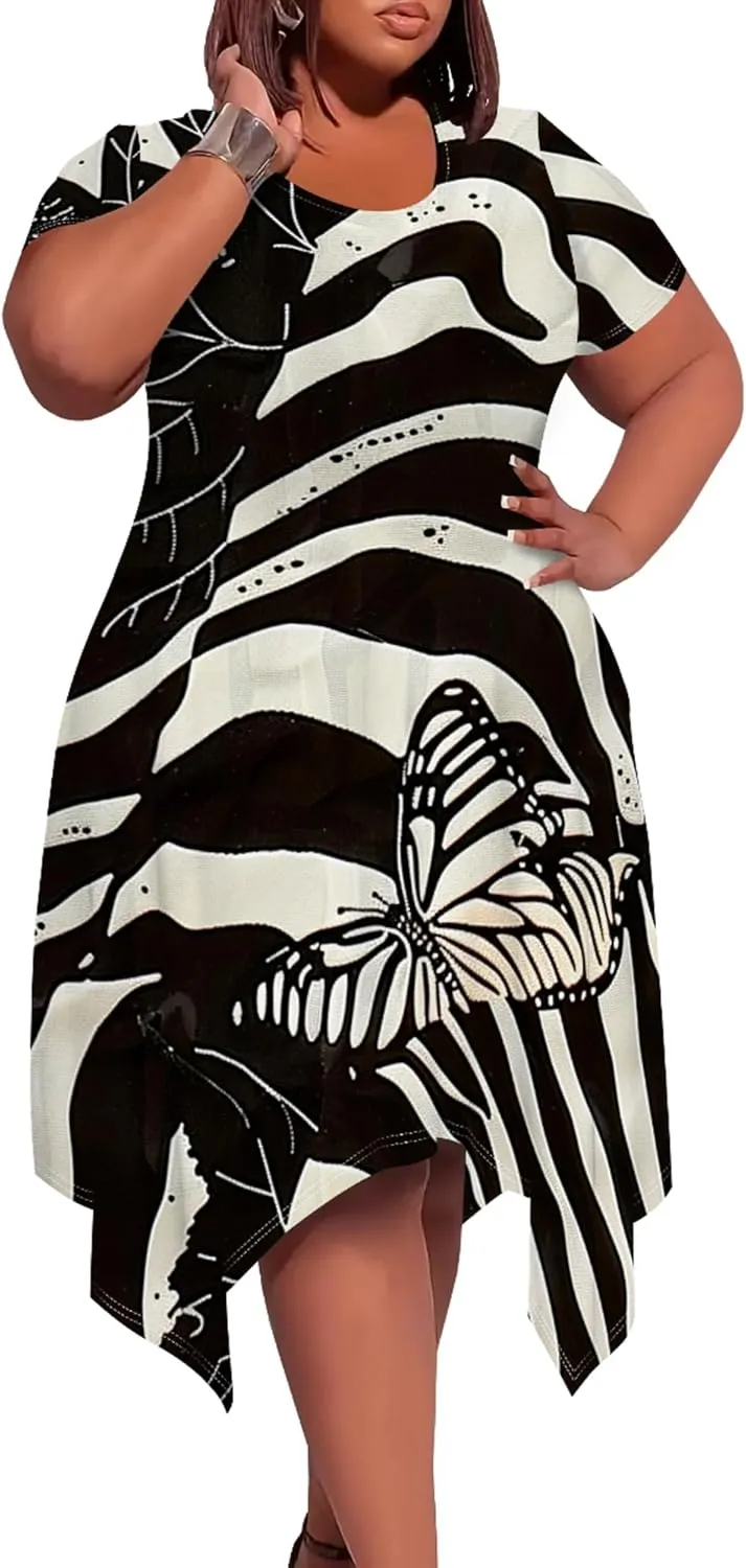 Plus Size Womens Summer Boho Tie Dye Pockets Midi Dresses Round Neck Short Sleeve Knee Length Party Club Flowy Maxi Sundress