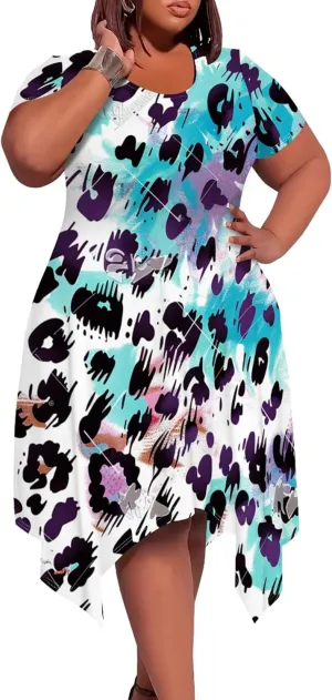 Plus Size Womens Summer Boho Tie Dye Pockets Midi Dresses Round Neck Short Sleeve Knee Length Party Club Flowy Maxi Sundress