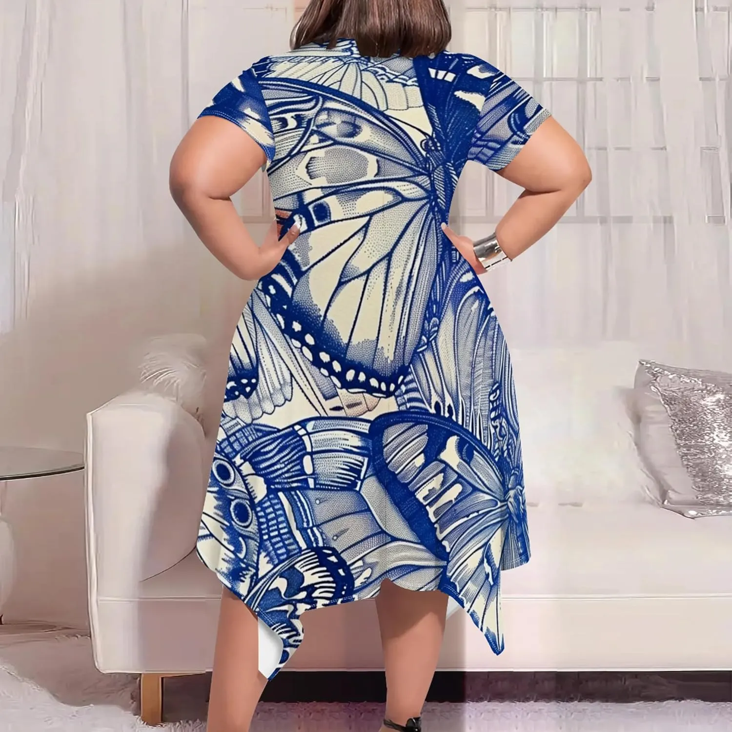 Plus Size Womens Summer Boho Tie Dye Pockets Midi Dresses Round Neck Short Sleeve Knee Length Party Club Flowy Maxi Sundress