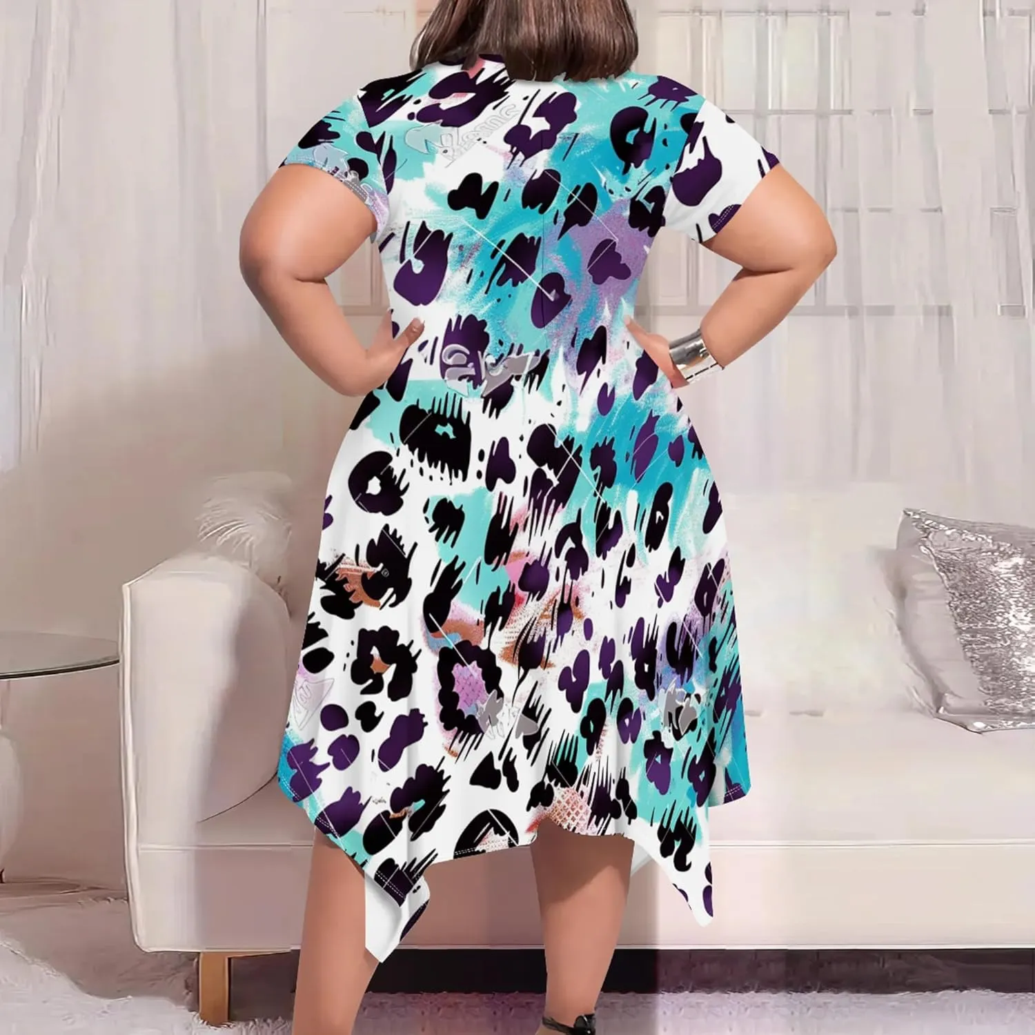 Plus Size Womens Summer Boho Tie Dye Pockets Midi Dresses Round Neck Short Sleeve Knee Length Party Club Flowy Maxi Sundress