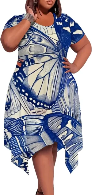 Plus Size Womens Summer Boho Tie Dye Pockets Midi Dresses Round Neck Short Sleeve Knee Length Party Club Flowy Maxi Sundress