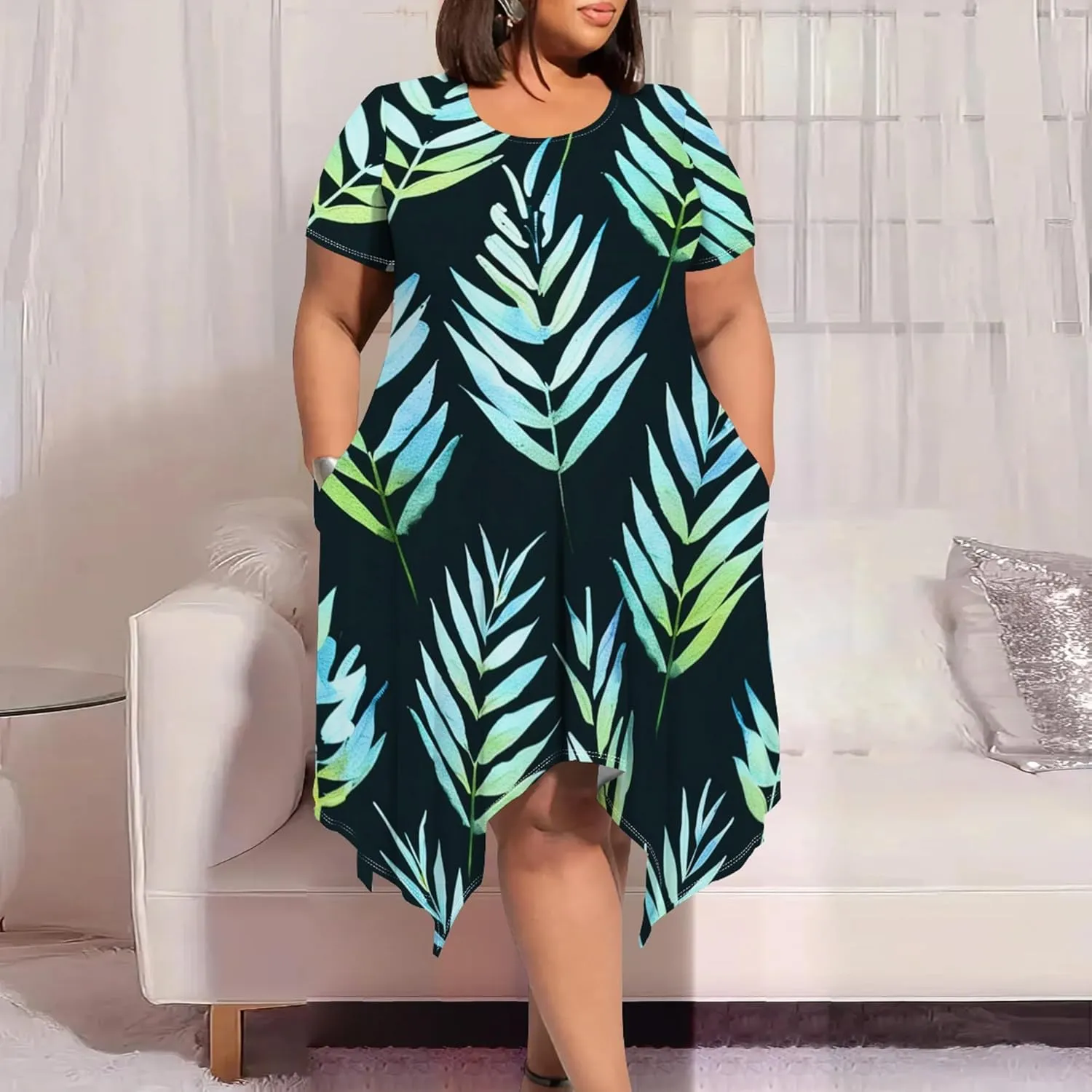 Plus Size Womens Summer Casual T Shirt Midi Dresses Crewneck Short Sleeve Swing Tunic Sundresses with Pockets Dress