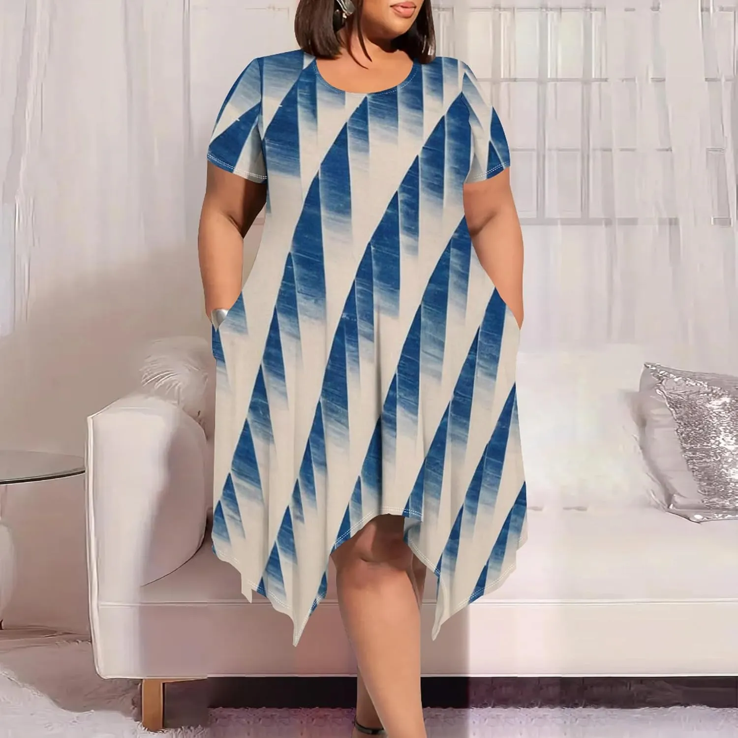 Plus Size Womens Summer Casual T Shirt Midi Dresses Crewneck Short Sleeve Swing Tunic Sundresses with Pockets Dress