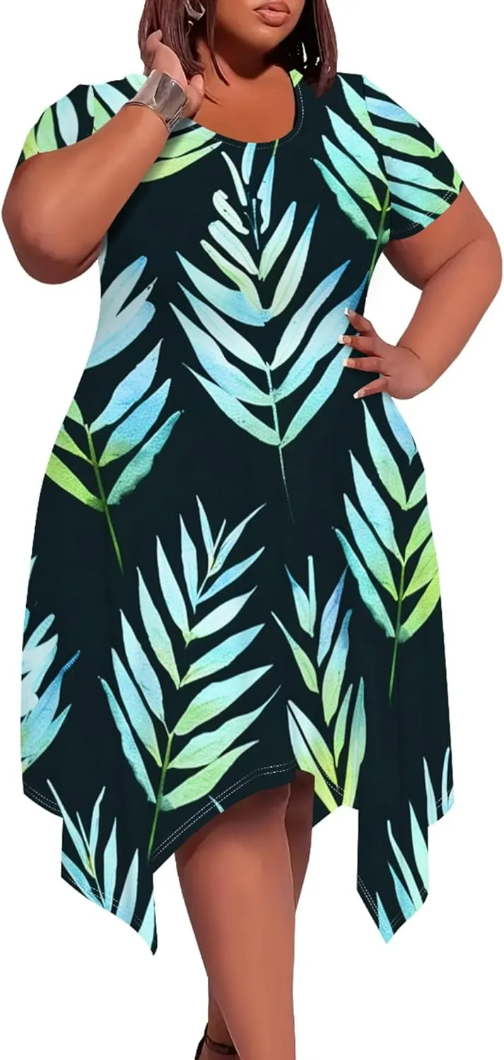 Plus Size Womens Summer Casual T Shirt Midi Dresses Crewneck Short Sleeve Swing Tunic Sundresses with Pockets Dress