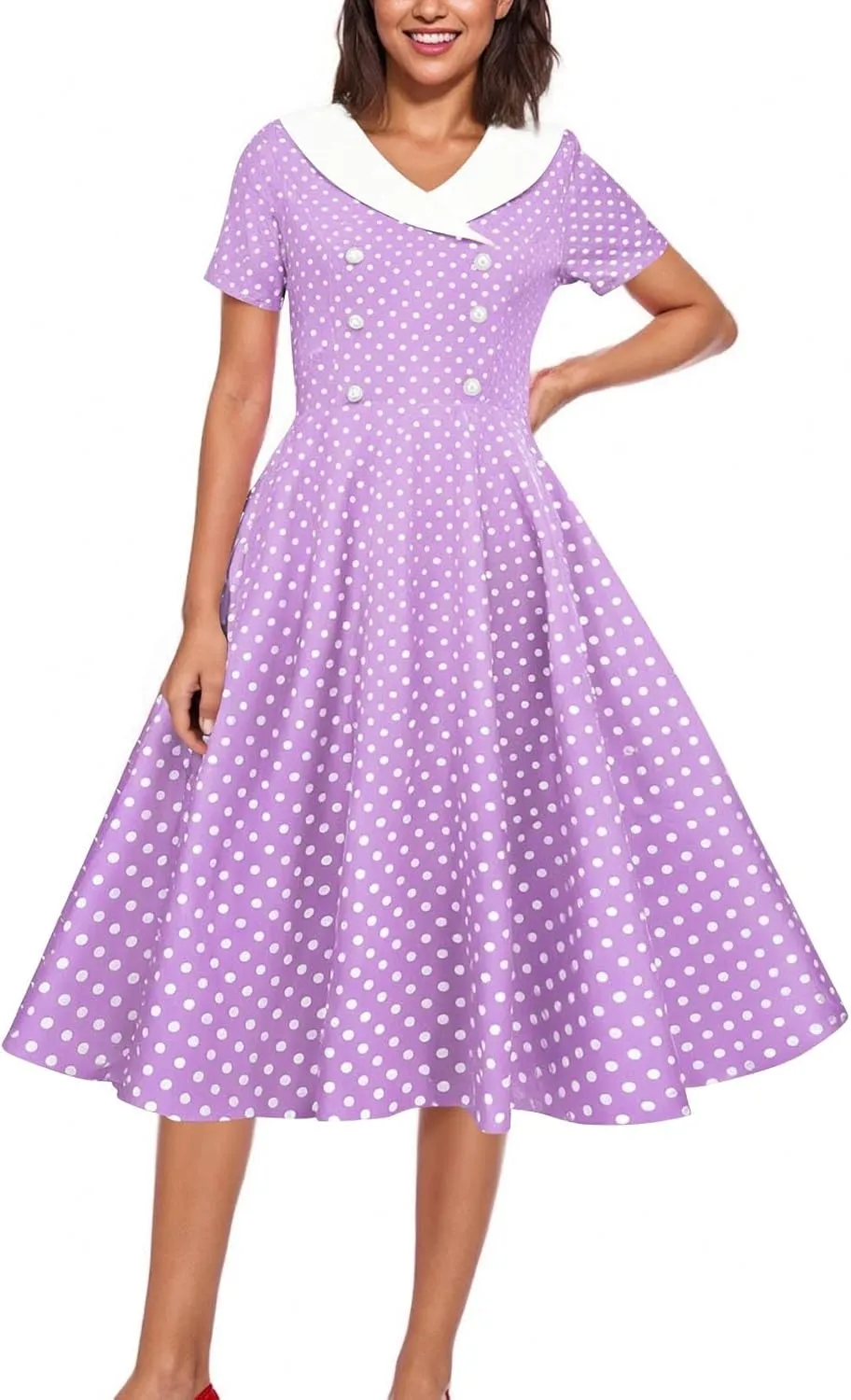 Polka Dot Dress for Women Vintage Style Button Down Dress with Collar and Belt Vintage