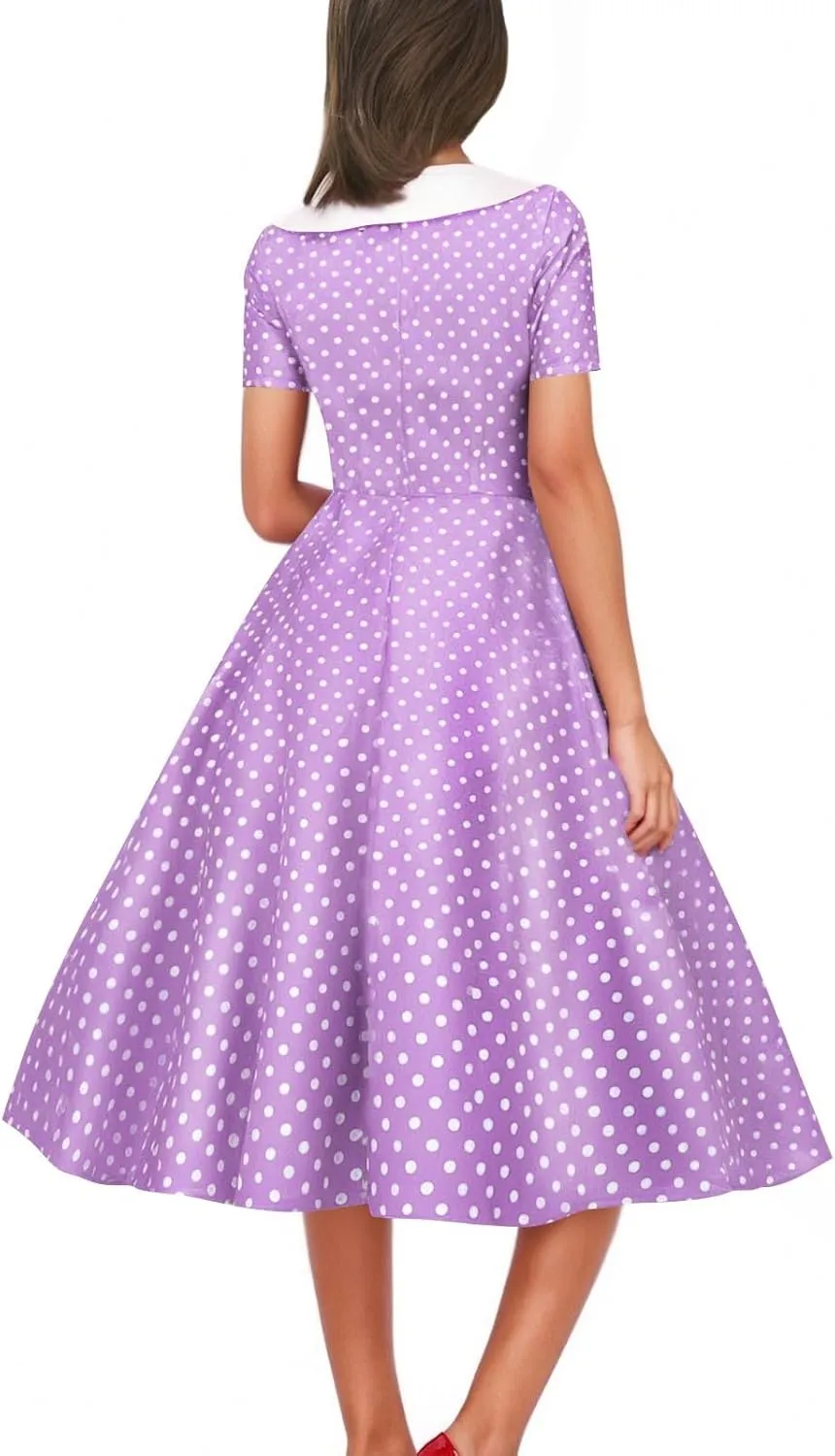 Polka Dot Dress for Women Vintage Style Button Down Dress with Collar and Belt Vintage
