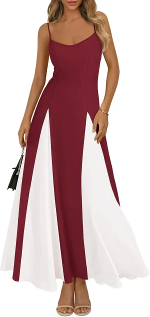 PRETTYGARDEN Spaghetti Strap Color Block Spring Dresses for Women 2025 Trendy Sleeveless Maxi Dress Flowy Prom Dresses