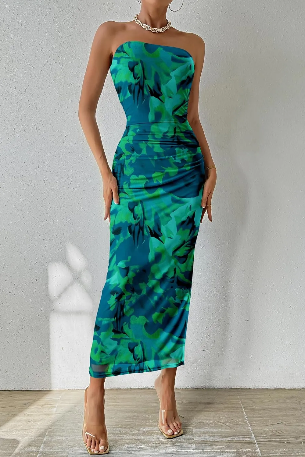 PRETTYGARDEN Women's Summer Maxi Bodycon Dresses Strapless Tube Top Slit Floral Printed Party Club Long Dress
