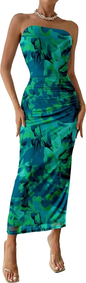PRETTYGARDEN Women's Summer Maxi Bodycon Dresses Strapless Tube Top Slit Floral Printed Party Club Long Dress