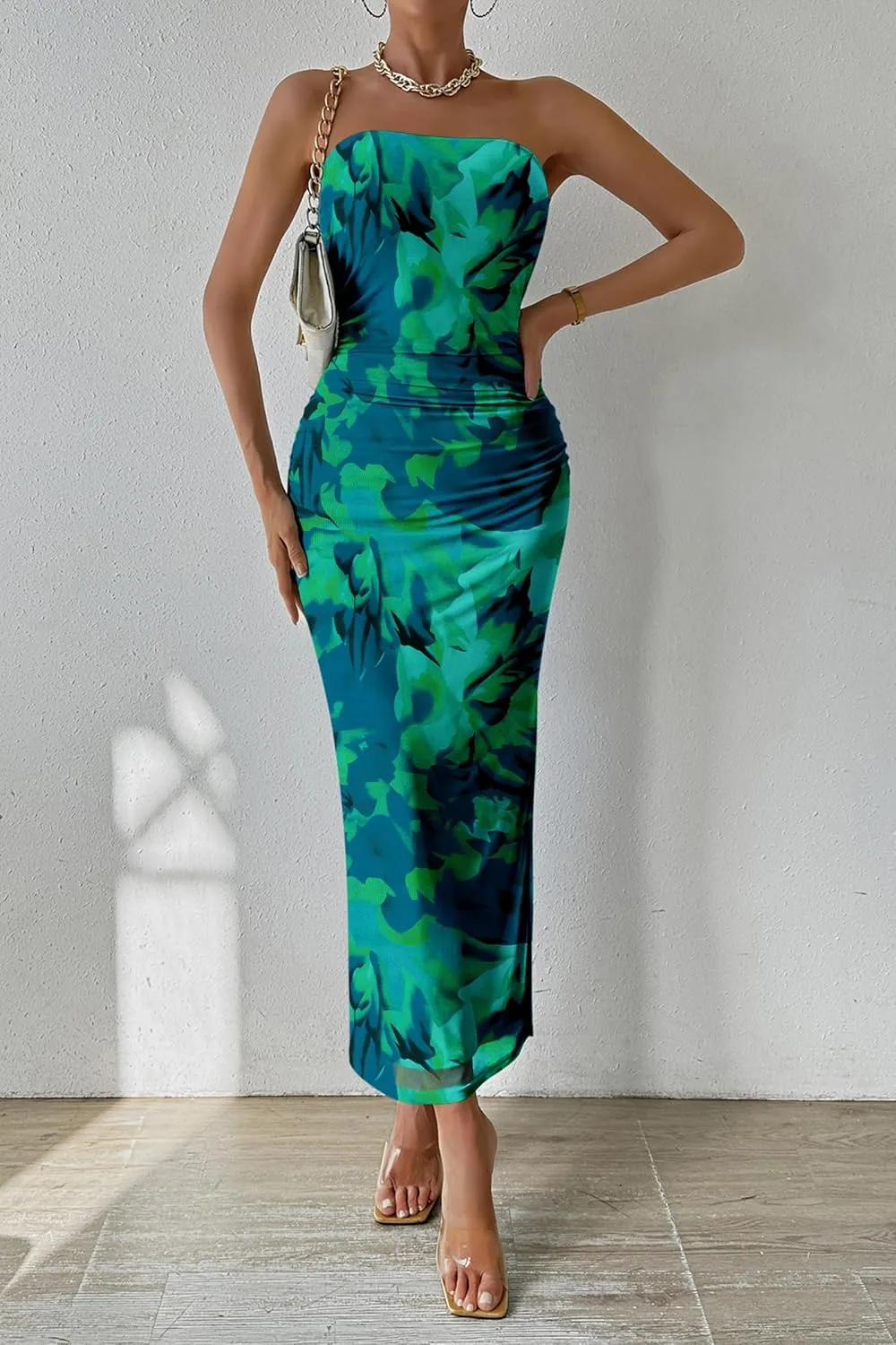 PRETTYGARDEN Women's Summer Maxi Bodycon Dresses Strapless Tube Top Slit Floral Printed Party Club Long Dress
