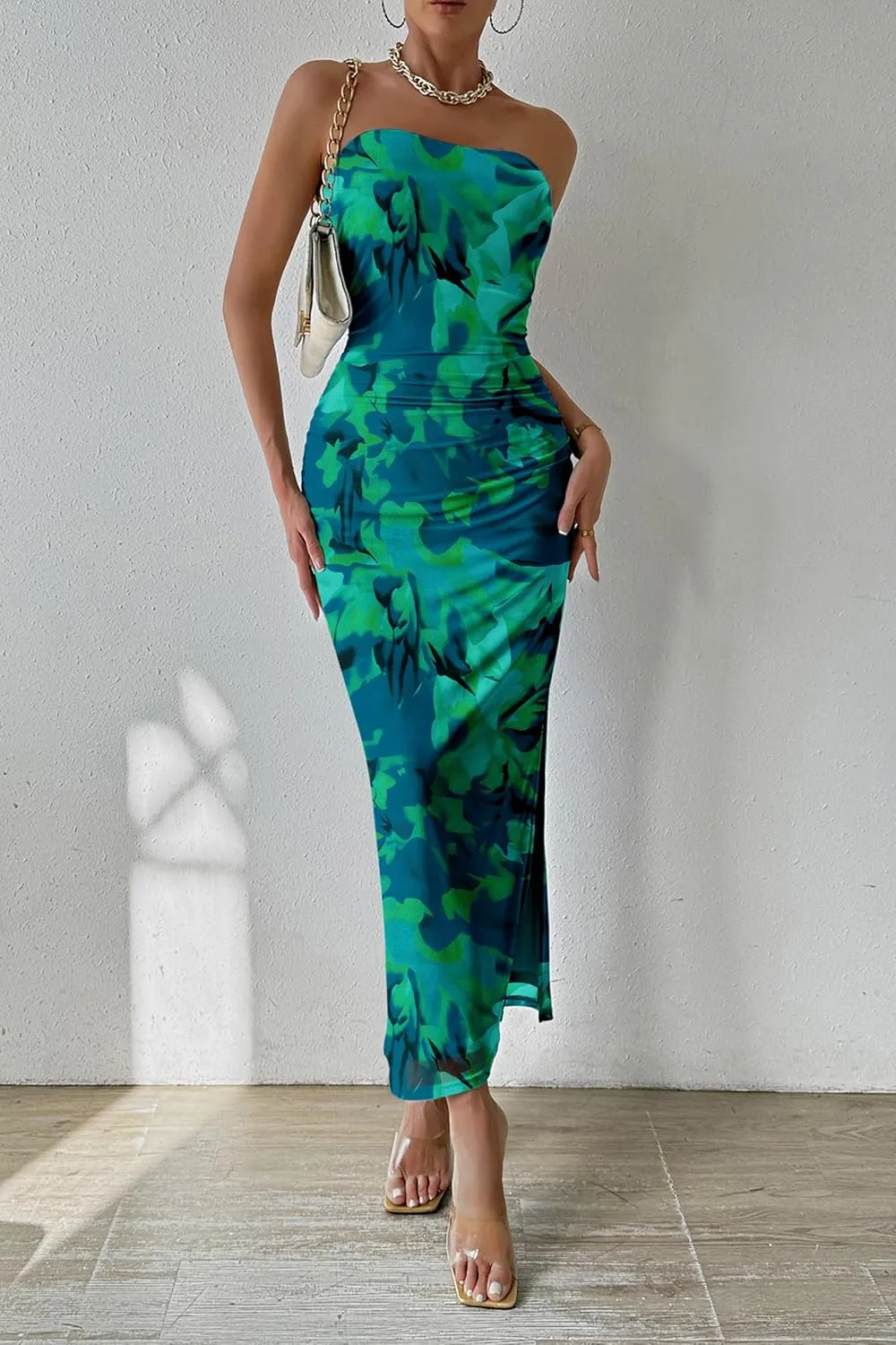 PRETTYGARDEN Women's Summer Maxi Bodycon Dresses Strapless Tube Top Slit Floral Printed Party Club Long Dress