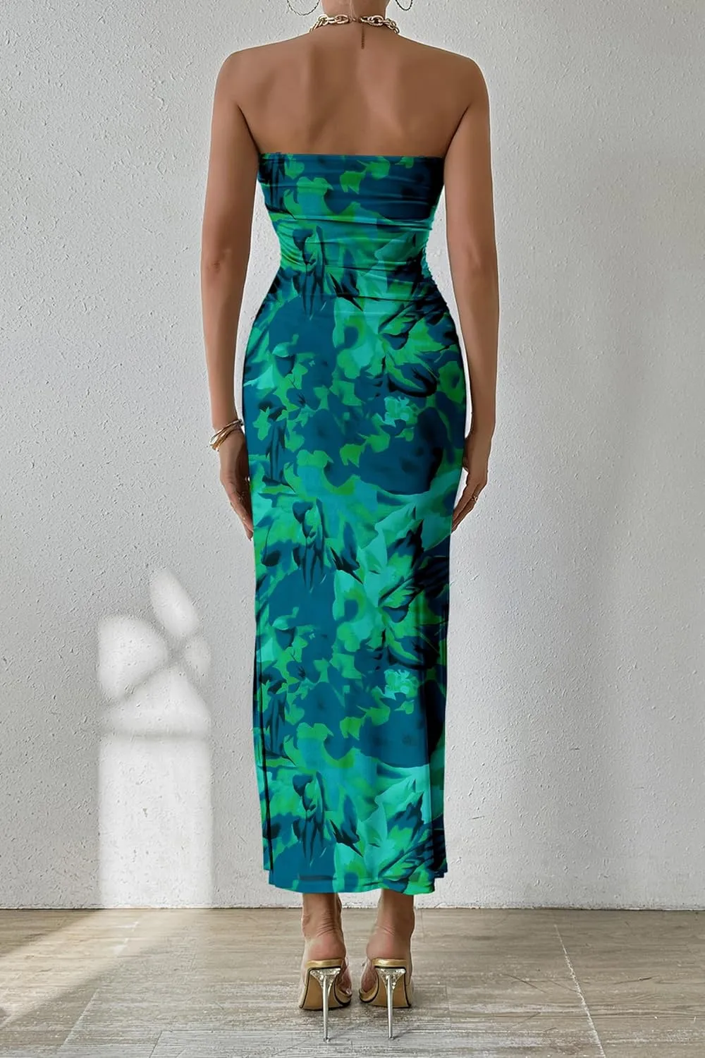 PRETTYGARDEN Women's Summer Maxi Bodycon Dresses Strapless Tube Top Slit Floral Printed Party Club Long Dress