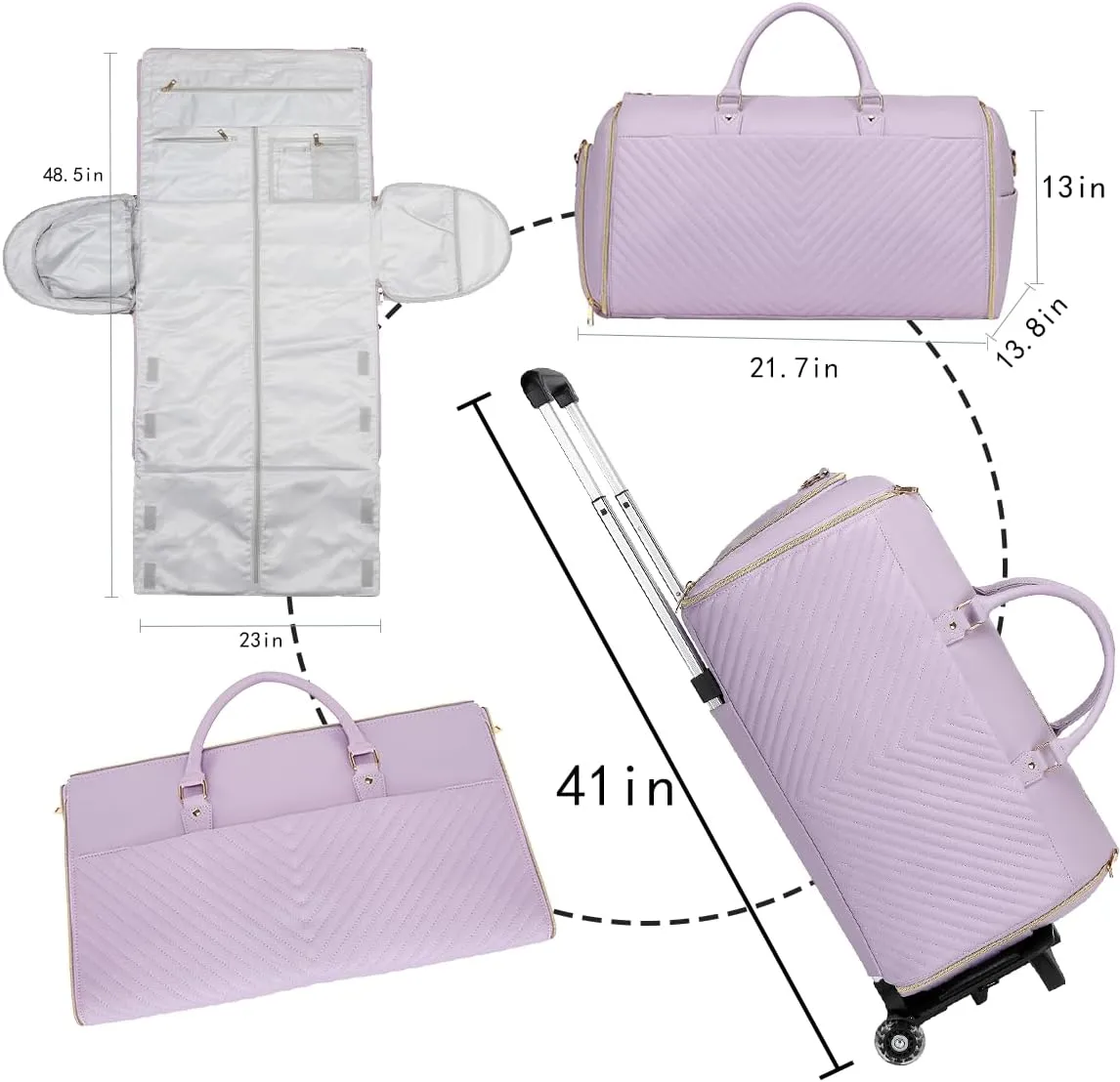 Pro Rolling Garment Bag - Detachable Handle & Extended Base, Waterproof PVC Leather with Shoe/Cosmetic Pockets, Silent Wheels for Air Travel/Weddings (48.5" Hanging System)Purple